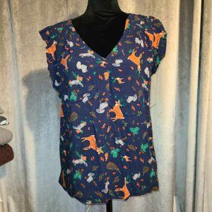ModCloth Deer, Squirrel Woodland Creature Print Blouse Size Large